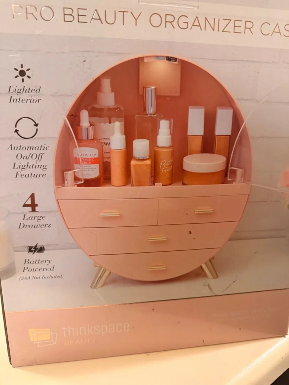 Thinkspace Beauty Pink Lighted Makeup Organizer with Drawers